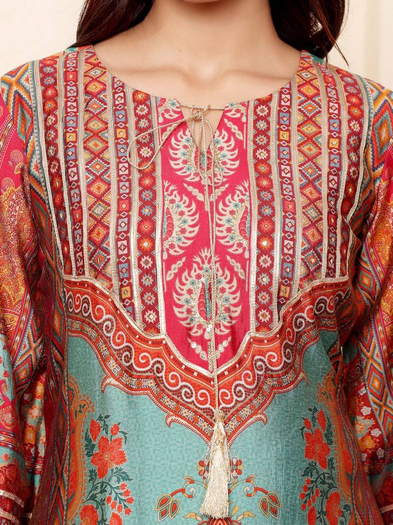 Ethnic Motifs Printed Chanderi Silk Kurta With Trousers And Dupatta