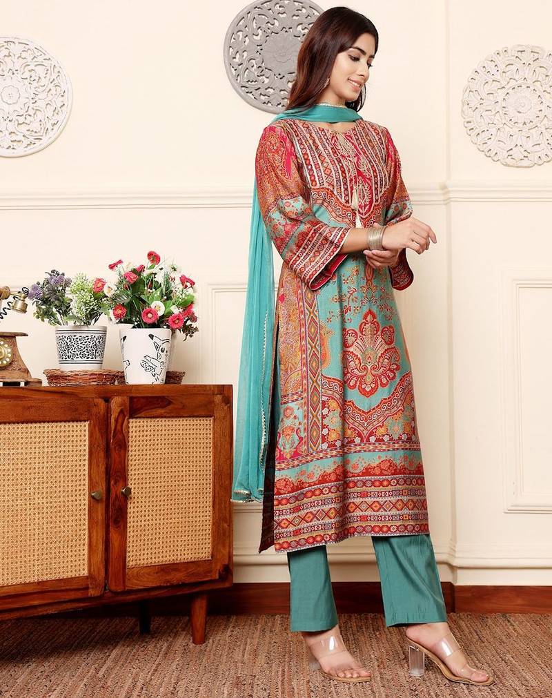 Ethnic Motifs Printed Chanderi Silk Kurta With Trousers And Dupatta