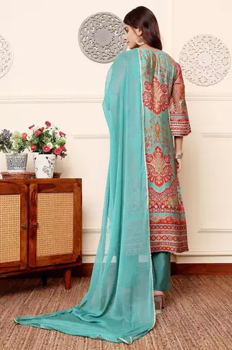 Ethnic Motifs Printed Chanderi Silk Kurta With Trousers And Dupatta