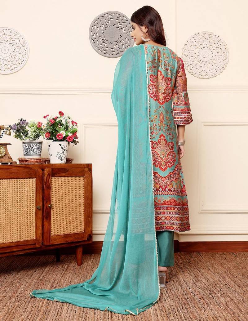 Ethnic Motifs Printed Chanderi Silk Kurta With Trousers And Dupatta