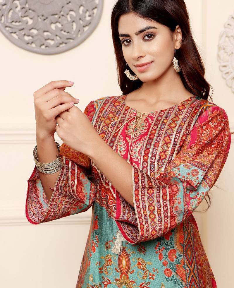 Ethnic Motifs Printed Chanderi Silk Kurta With Trousers And Dupatta