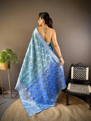 teal tissue silk blend kanjeevaram zari woven saree with unstitched blouse piece. 4