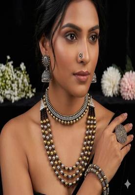 Oxidized indian jewelry set: dual tone necklace, jhumki, ring & bangles 1