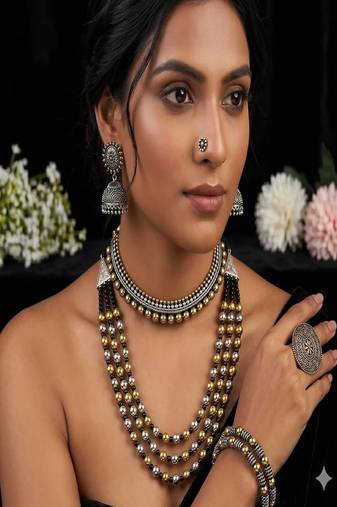 Oxidized indian jewelry set: dual tone necklace, jhumki, ring & bangles