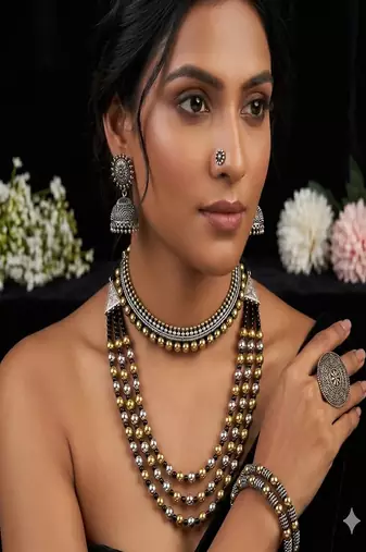 Oxidized indian jewelry set: dual tone necklace, jhumki, ring & bangles