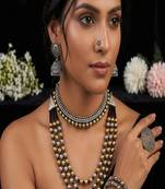 Oxidized indian jewelry set: dual tone necklace, jhumki, ring & bangles