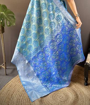 teal tissue silk blend kanjeevaram zari woven saree with unstitched blouse piece. 5