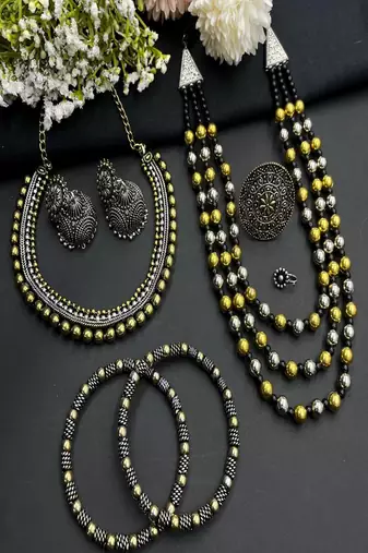 Oxidized indian jewelry set: dual tone necklace, jhumki, ring & bangles