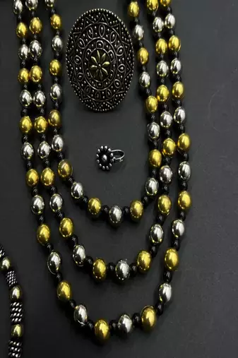 Oxidized indian jewelry set: dual tone necklace, jhumki, ring & bangles