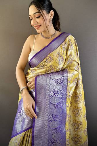 yellow tissue silk blend kanjeevaram zari woven saree with unstitched blouse piece.