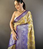 yellow tissue silk blend kanjeevaram zari woven saree with unstitched blouse piece.
