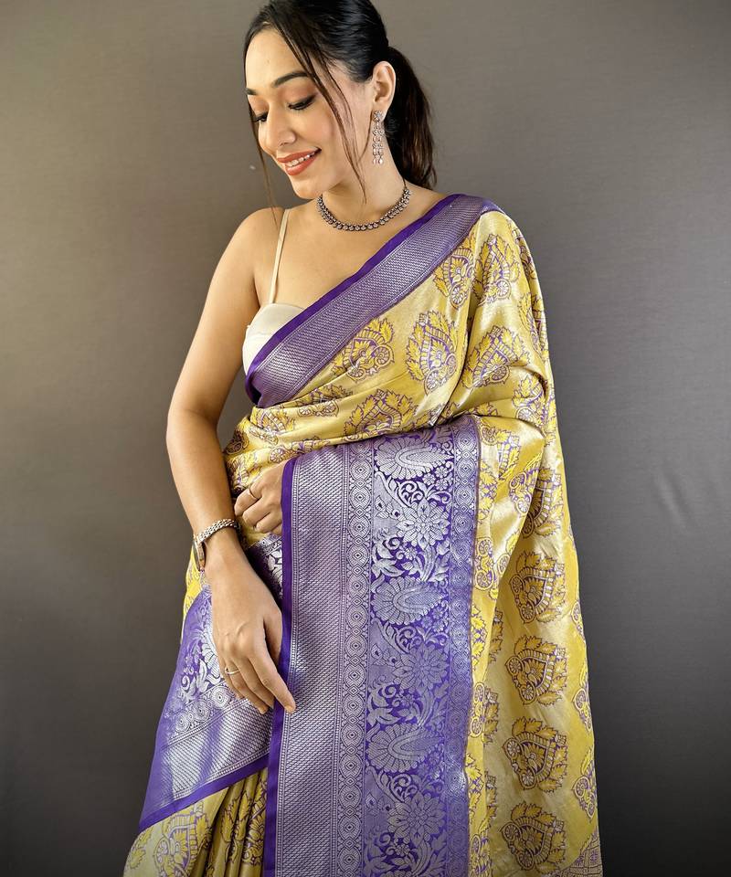 yellow tissue silk blend kanjeevaram zari woven saree with unstitched blouse piece.