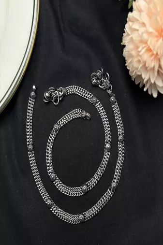 Oxidized silver plated anklet for women, double chain indian payal with bells