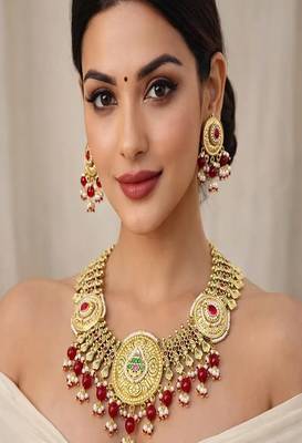 Antique gold kundan necklace set | indian bridal jewelry with pearls & red stones 1