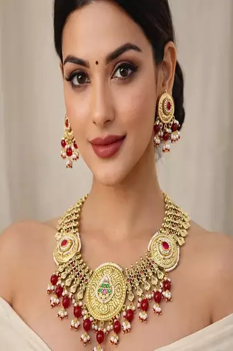 Antique gold kundan necklace set | indian bridal jewelry with pearls & red stones