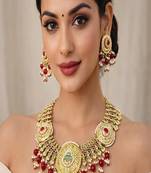 Antique gold kundan necklace set | indian bridal jewelry with pearls & red stones
