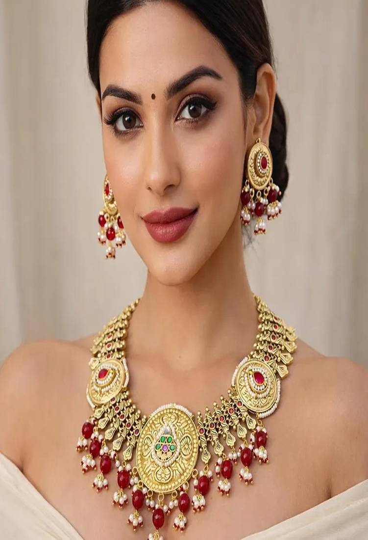 Antique gold kundan necklace set | indian bridal jewelry with pearls & red stones