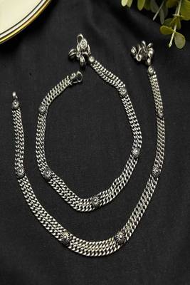 Oxidized silver plated anklet for women, double chain indian payal with bells 3