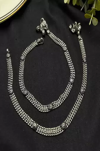Oxidized silver plated anklet for women, double chain indian payal with bells