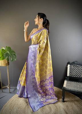 yellow tissue silk blend kanjeevaram zari woven saree with unstitched blouse piece. 2