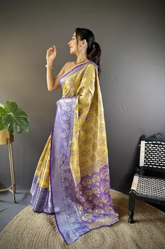 yellow tissue silk blend kanjeevaram zari woven saree with unstitched blouse piece.