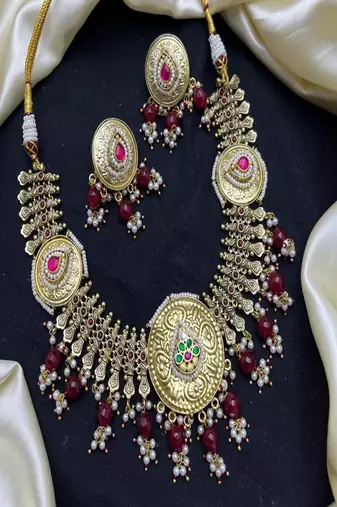 Antique gold kundan necklace set | indian bridal jewelry with pearls & red stones