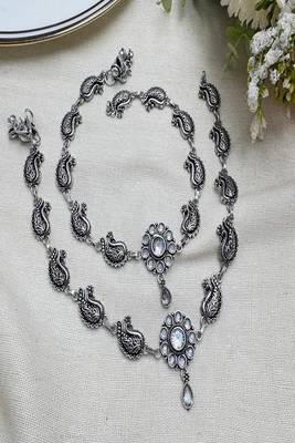 Boho oxidized silver anklet, indian peacock payal, white crystal flower foot jewelry 2