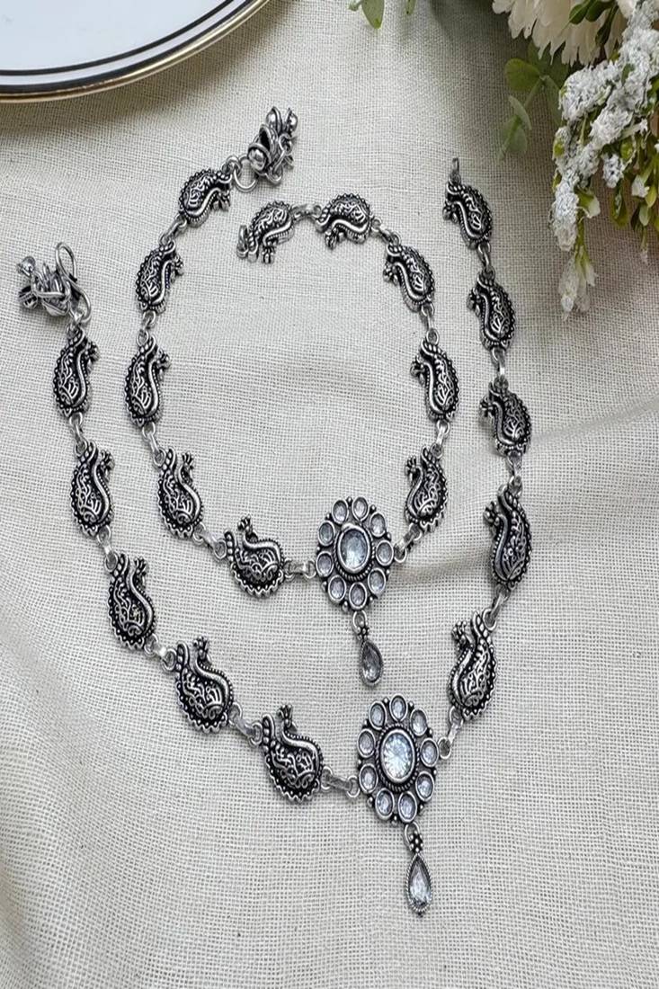 Boho oxidized silver anklet, indian peacock payal, white crystal flower foot jewelry