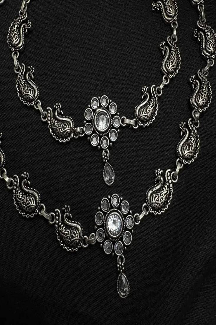 Boho oxidized silver anklet, indian peacock payal, white crystal flower foot jewelry