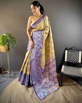 yellow tissue silk blend kanjeevaram zari woven saree with unstitched blouse piece. 3