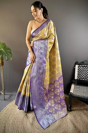 yellow tissue silk blend kanjeevaram zari woven saree with unstitched blouse piece.