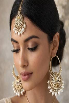 Indian pearl jhumka earrings and maang tikka set, kundan gold hoop jhumkas 1