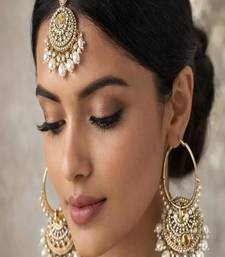 Indian pearl jhumka earrings and maang tikka set, kundan gold hoop jhumkas