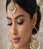 Indian pearl jhumka earrings and maang tikka set, kundan gold hoop jhumkas