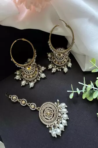 Indian pearl jhumka earrings and maang tikka set, kundan gold hoop jhumkas
