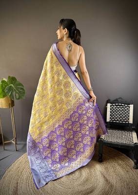 yellow tissue silk blend kanjeevaram zari woven saree with unstitched blouse piece. 4