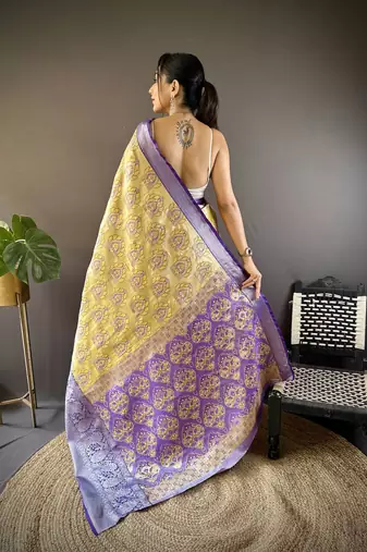 yellow tissue silk blend kanjeevaram zari woven saree with unstitched blouse piece.