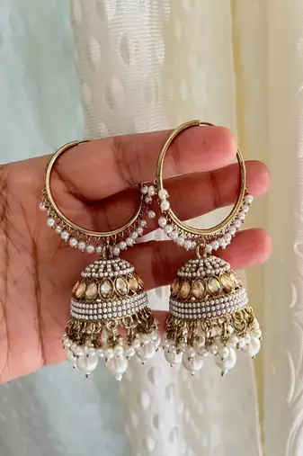 Indian pearl jhumka earrings and maang tikka set, kundan gold hoop jhumkas