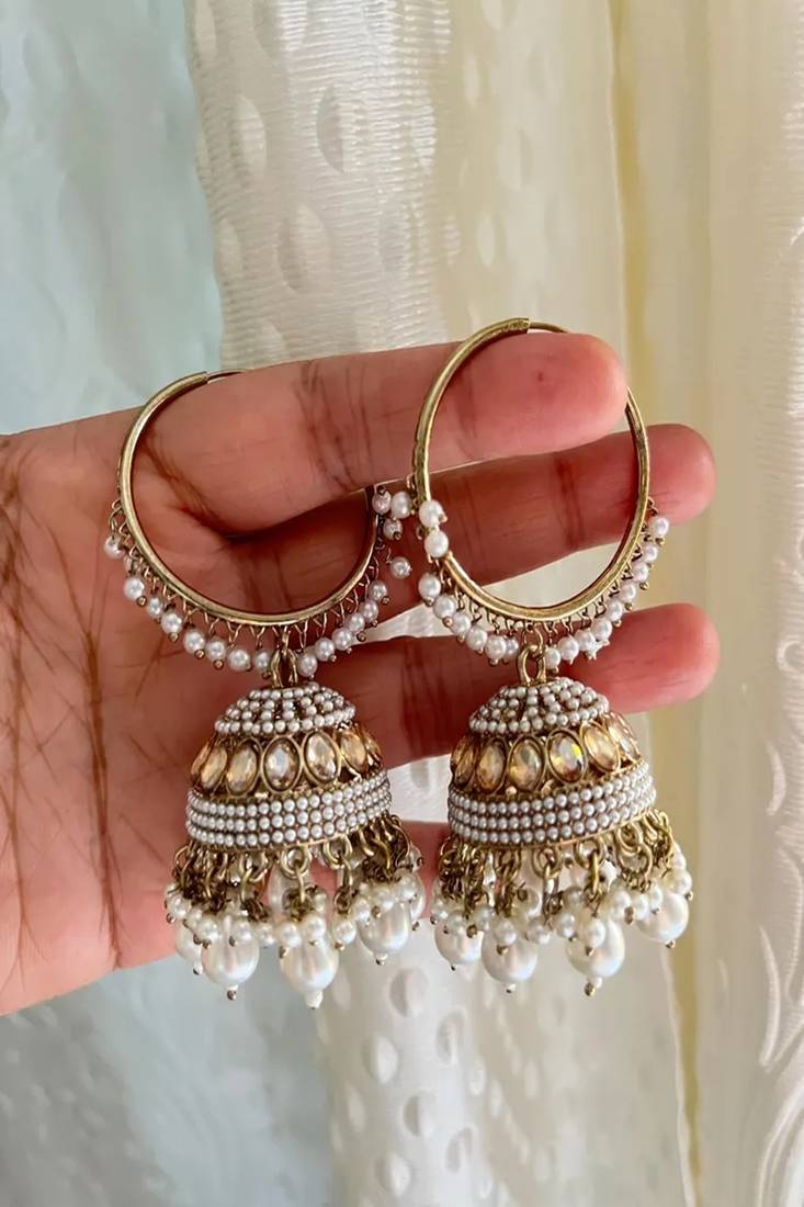 Indian pearl jhumka earrings and maang tikka set, kundan gold hoop jhumkas