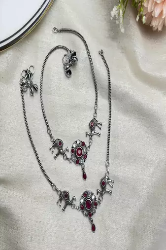 Oxidized silver camel anklet with red stones, traditional indian payal