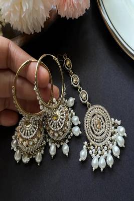 Indian pearl jhumka earrings and maang tikka set, kundan gold hoop jhumkas 4