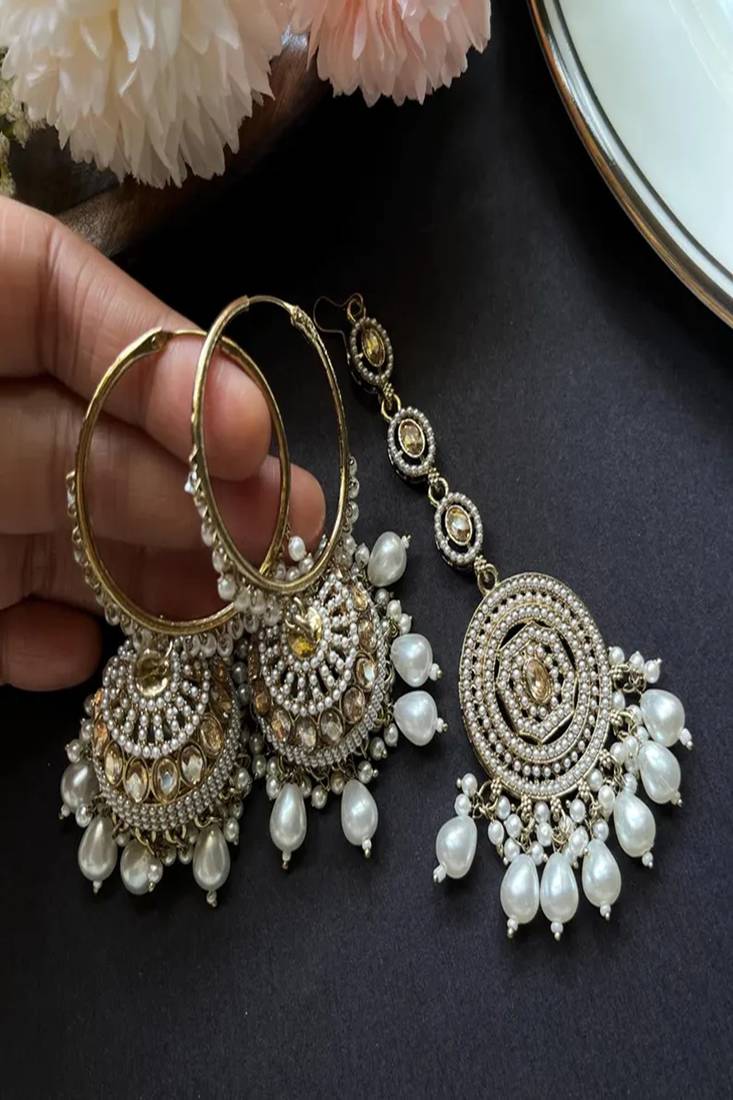 Indian pearl jhumka earrings and maang tikka set, kundan gold hoop jhumkas