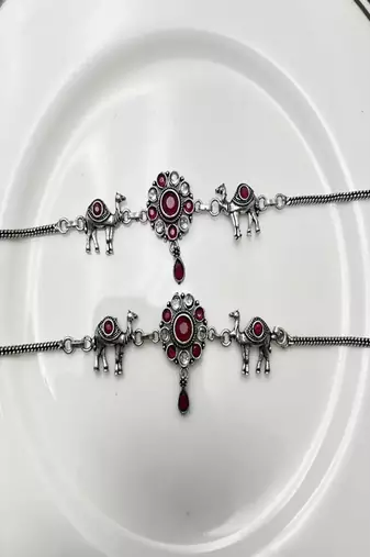 Oxidized silver camel anklet with red stones, traditional indian payal