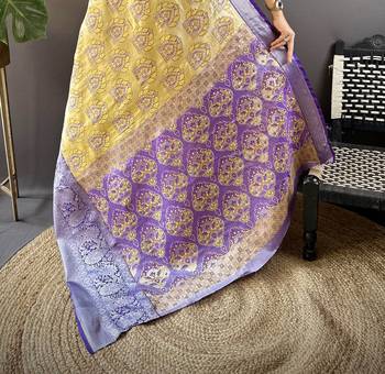 yellow tissue silk blend kanjeevaram zari woven saree with unstitched blouse piece. 5