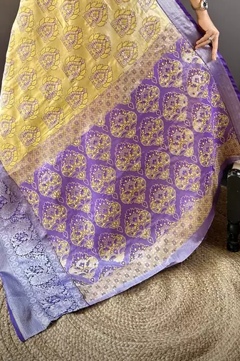 yellow tissue silk blend kanjeevaram zari woven saree with unstitched blouse piece.