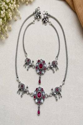 Oxidized silver camel anklet with red stones, traditional indian payal 4