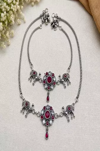 Oxidized silver camel anklet with red stones, traditional indian payal
