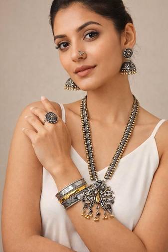 Dual tone oxidized german silver necklace set with peacock pendant,boho choker