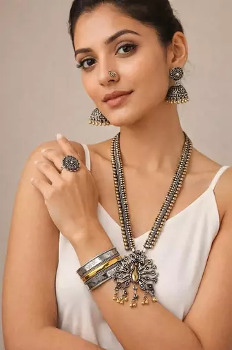 Dual tone oxidized german silver necklace set with peacock pendant,boho choker