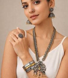 Dual tone oxidized german silver necklace set with peacock pendant,boho choker